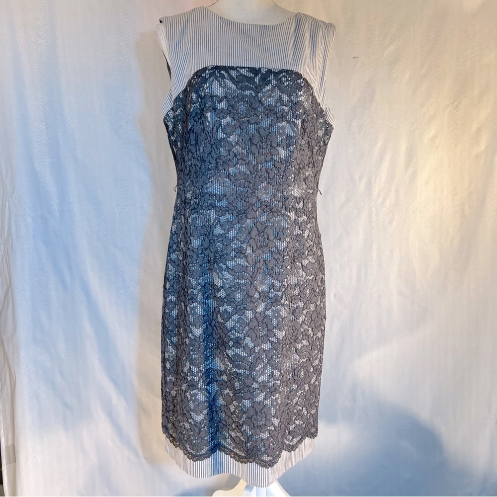 Maggie London Dress Gray White Gingham Trim & Lace Overlay Sleeveless Sheath 12👍